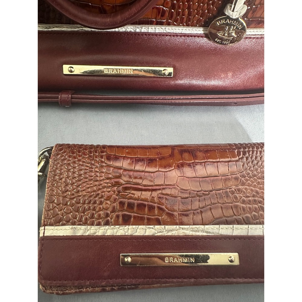 Brahmin Burgundy Brown Croc Embossed Leather Satchel Handbag and Wallet Set - Picture 5 of 16